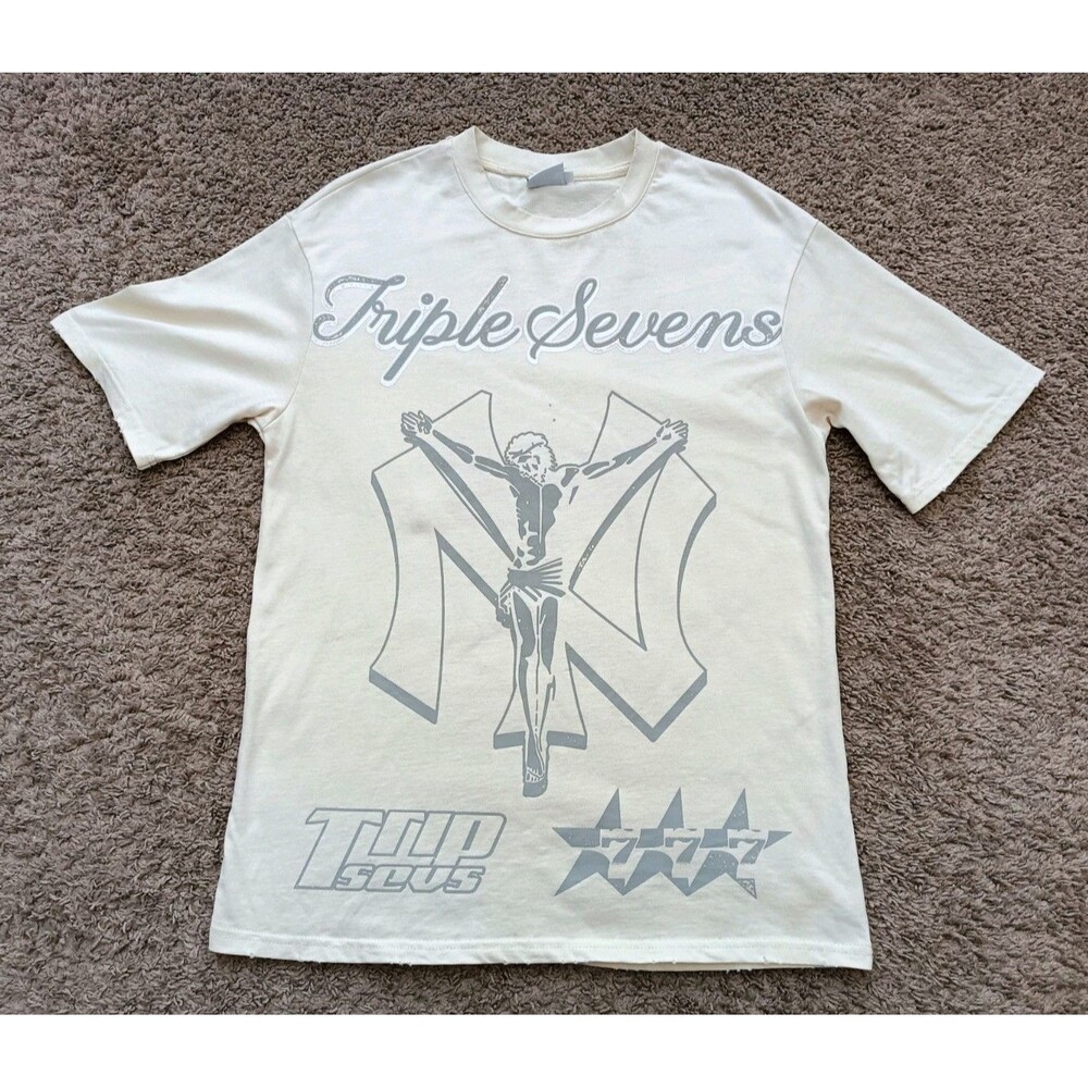 Triple Sevens NY Savior Tee Cream Men's Small New York Jesus Graphic Shirt